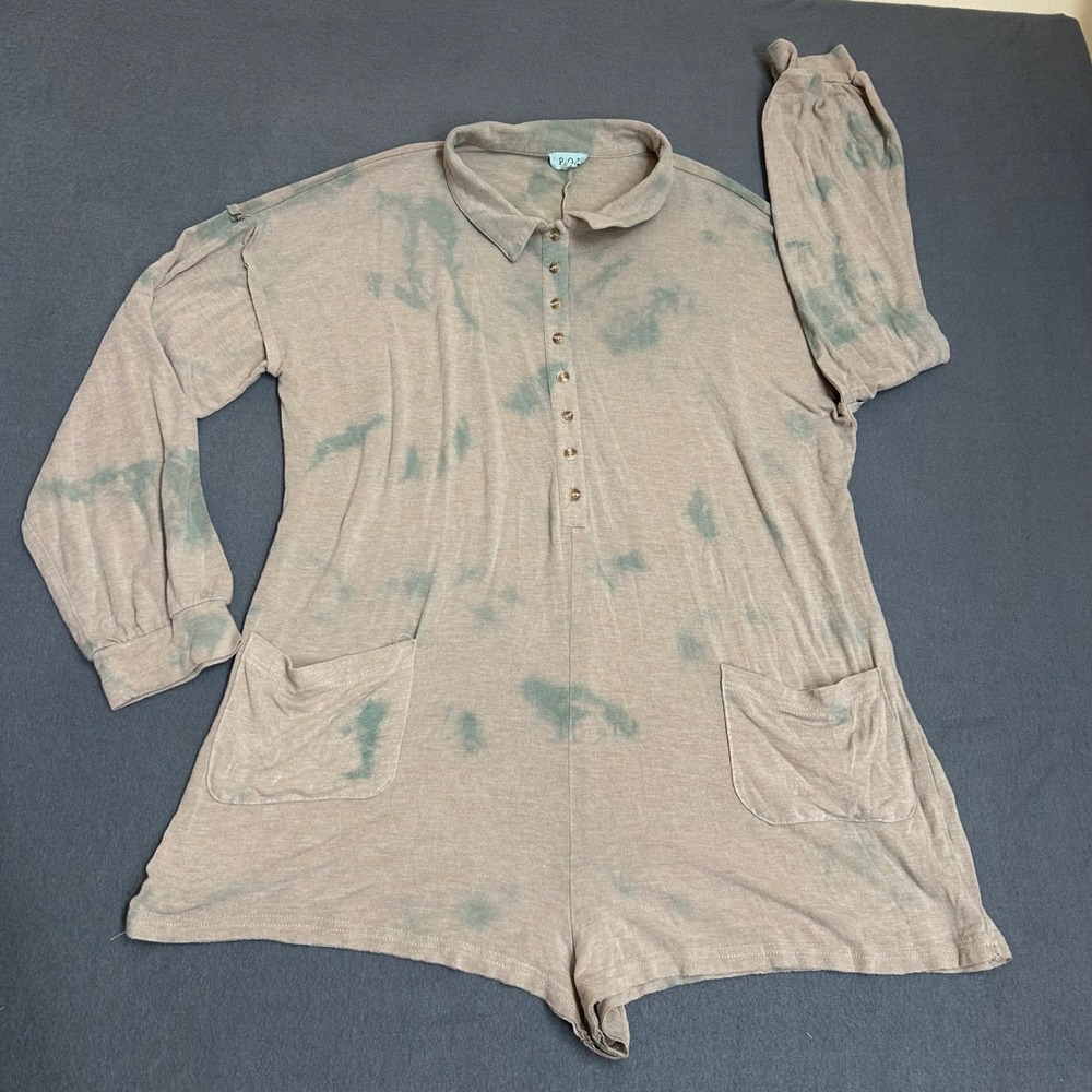 POL Romper Womens Large Tan Tie Dye Excellent Long Sleeve Henley Button Pocket